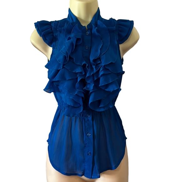 Miley Cyrus & Max Azria Blue Ruffled Blouse Sleeveless Size Small - Picture 1 of 10